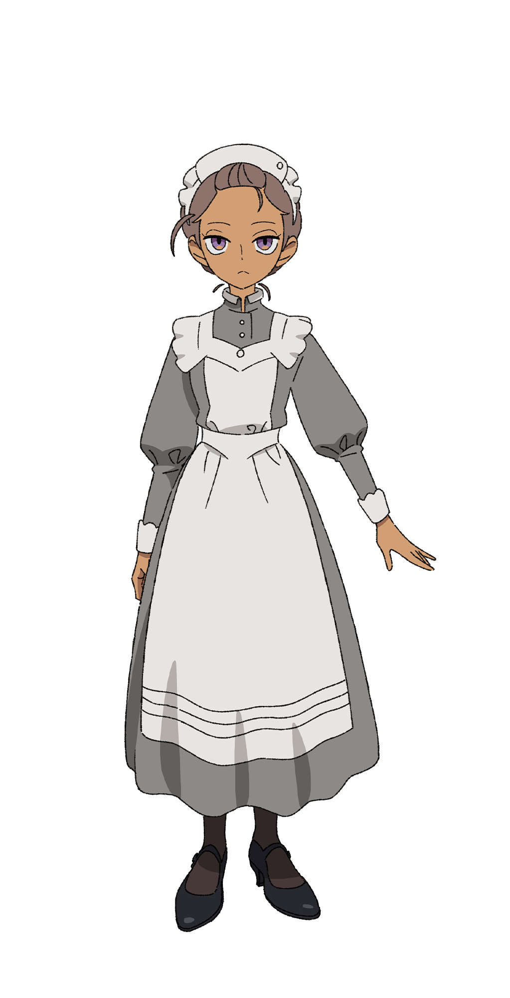 1girl, apron, black_shoes, brown_hair, dark-skinned_female, dark_skin, dress, forehead