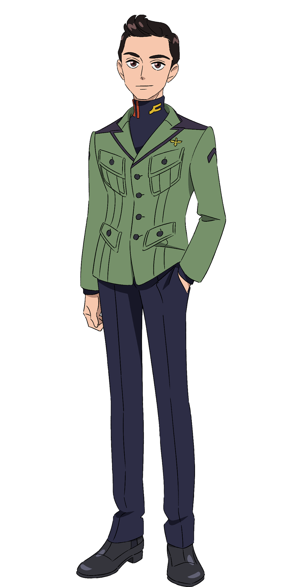 1boy, black_hair, black_shirt, black_shoes, blue_pants, brown_eyes, dress_shoes, epaulettes, forehead, full_body, green_jacket, gundam, gundam_gquuuuuux, hand_in_pocket, highres, jacket, looking_at_viewer, male_focus, miguel_serverto, military_uniform, official_art, pants, shirt, shoes, short_hair, simple_background, solo, standing, transparent_background, turtleneck, zeon
