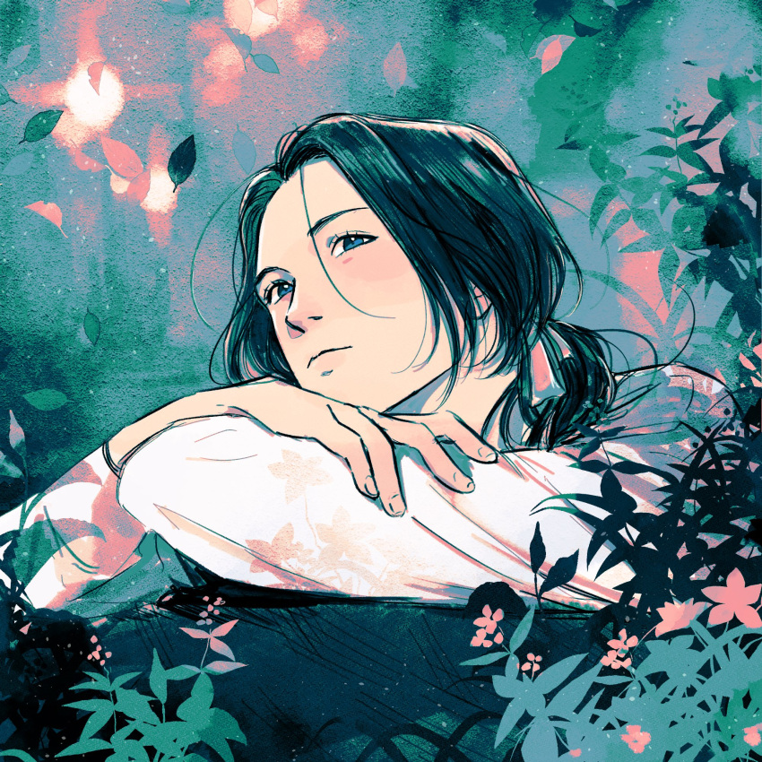 1boy, breeze_paro, closed_mouth, commentary, crossed_arms, english_commentary, falling_leaves, fingernails, fire_emblem, fire_emblem:_three_houses, flower, frown, green_eyes, green_hair, green_theme, hair_ribbon, highres, leaf, linhardt_von_hevring, linhardt_von_hevring_(timeskip), long_sleeves, looking_up, male_focus, outdoors, pink_flower, ponytail, ribbon, shirt, solo, white_shirt