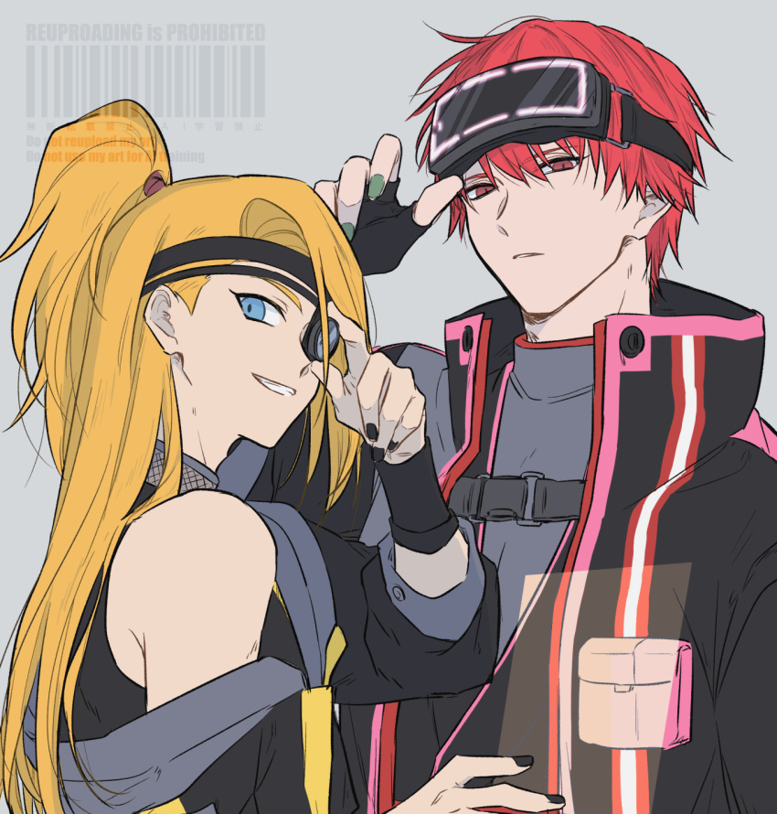 2boys, black_gloves, black_nails, blonde_hair, blue_eyes, buckle, deidara_(naruto), eyeliner