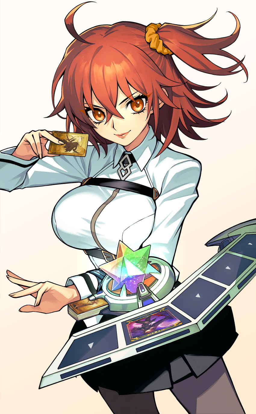 1girl, absurdres, ahoge, black_pantyhose, black_skirt, breasts, card, chaldea_uniform, class_card_(prisma_illya), command_spell, duel_disk, dynamitenatalia, fate/grand_order, fate_(series), fujimaru_ritsuka_(female), hair_between_eyes, hair_ornament, hair_scrunchie, highres, holding, holding_card, large_breasts, long_sleeves, looking_at_viewer, miniskirt, one_side_up, orange_eyes, orange_hair, pantyhose, pleated_skirt, saint_quartz_(fate), scathach_(fate), scrunchie, short_hair, skirt, smile, solo, yellow_scrunchie, yu-gi-oh!