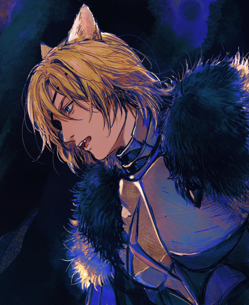 1boy, animal_ears, armor, black_fur, blonde_hair, blue_cape, blue_eyes, breastplate