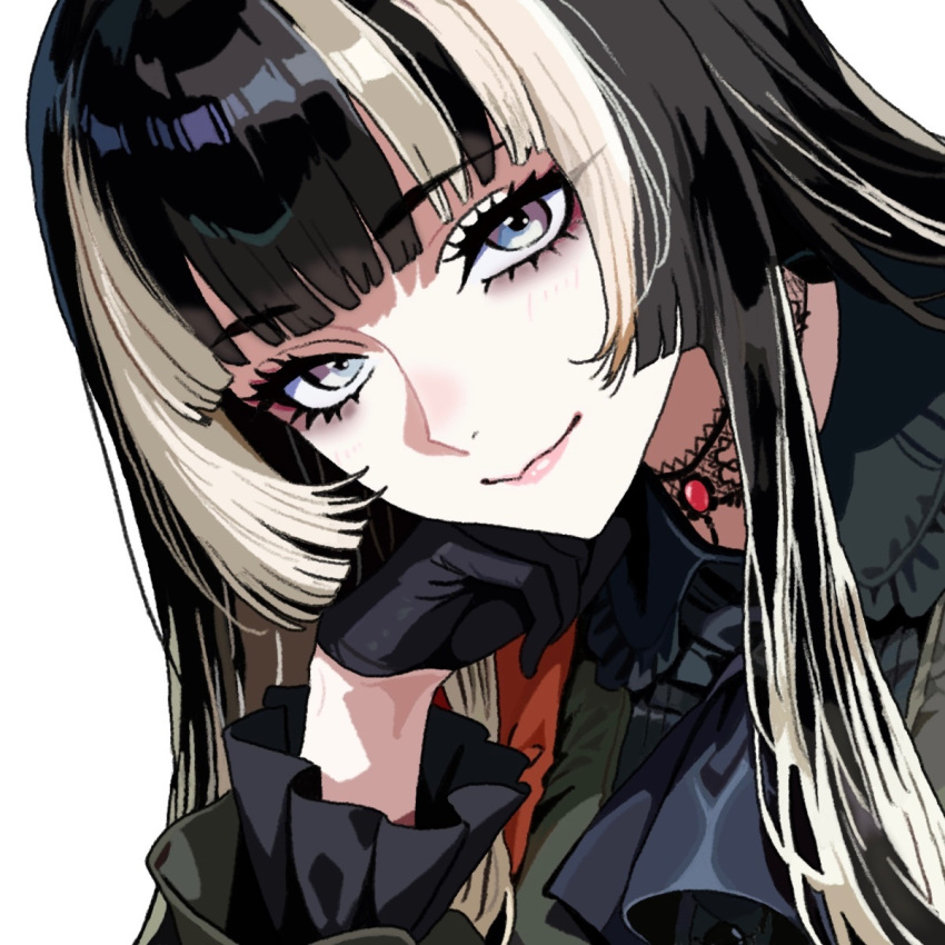 1girl, :>, bell_sleeves, black_eyeliner, black_gloves, black_hair, blonde_hair, blue_eyes