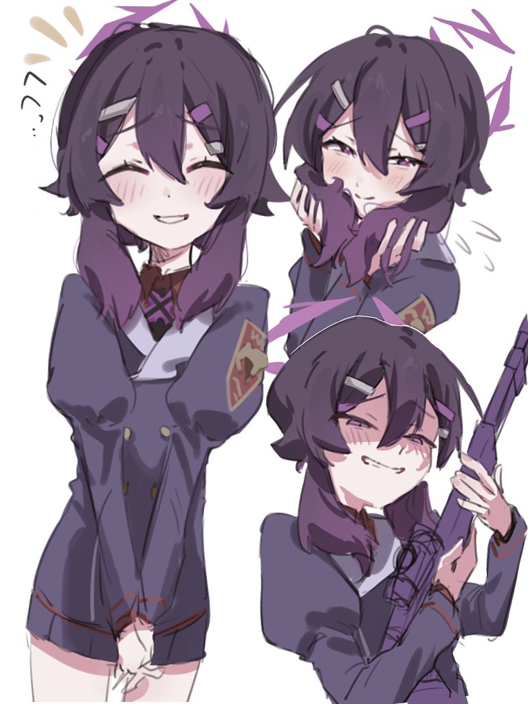 1girl, black_jacket, black_skirt, blue_archive, closed_eyes, closed_mouth, gun, hair_between_eyes