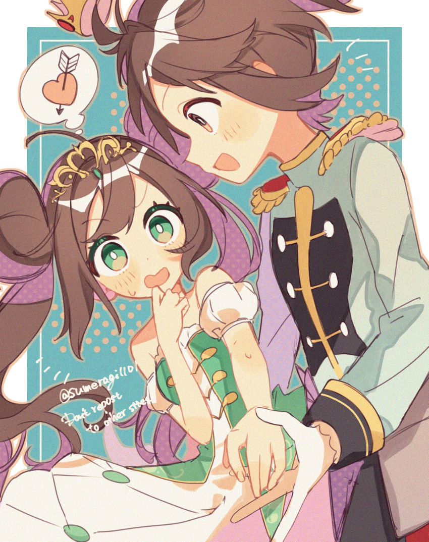 1boy, 1girl, :d, bare_shoulders, bright_pupils, brown_eyes, brown_hair, commentary_request, double_bun, dress, epaulettes, eyelashes, green_eyes, grey_jacket, hair_bun, hand_up, highres, jacket, long_hair, nate_(champion)_(pokemon), nate_(pokemon), off-shoulder_dress, off_shoulder, official_alternate_costume, open_mouth, pokemon, pokemon_masters_ex, rosa_(champion)_(pokemon), rosa_(pokemon), short_hair, smile, speech_bubble, sumeragi1101, sweatdrop, thought_bubble, twintails, twitter_username, white_pupils
