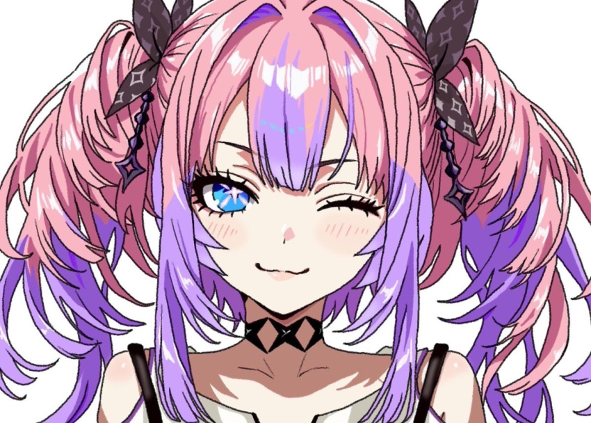 1girl, :3, black_bra, black_choker, blue_eyes, blush, bra, bra_over_clothes