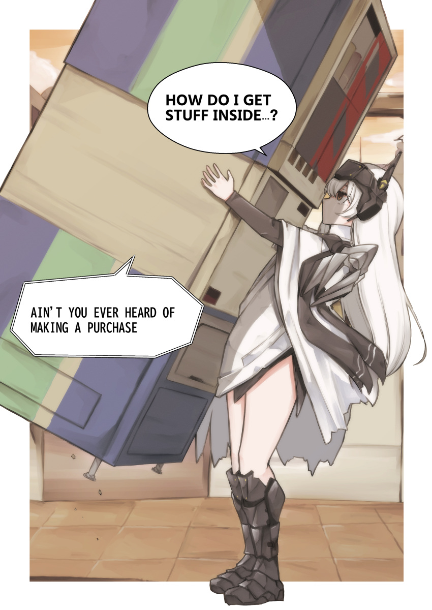 1girl, absurdres, armor, armored_boots, boots, brown_eyes, cloak, english_text