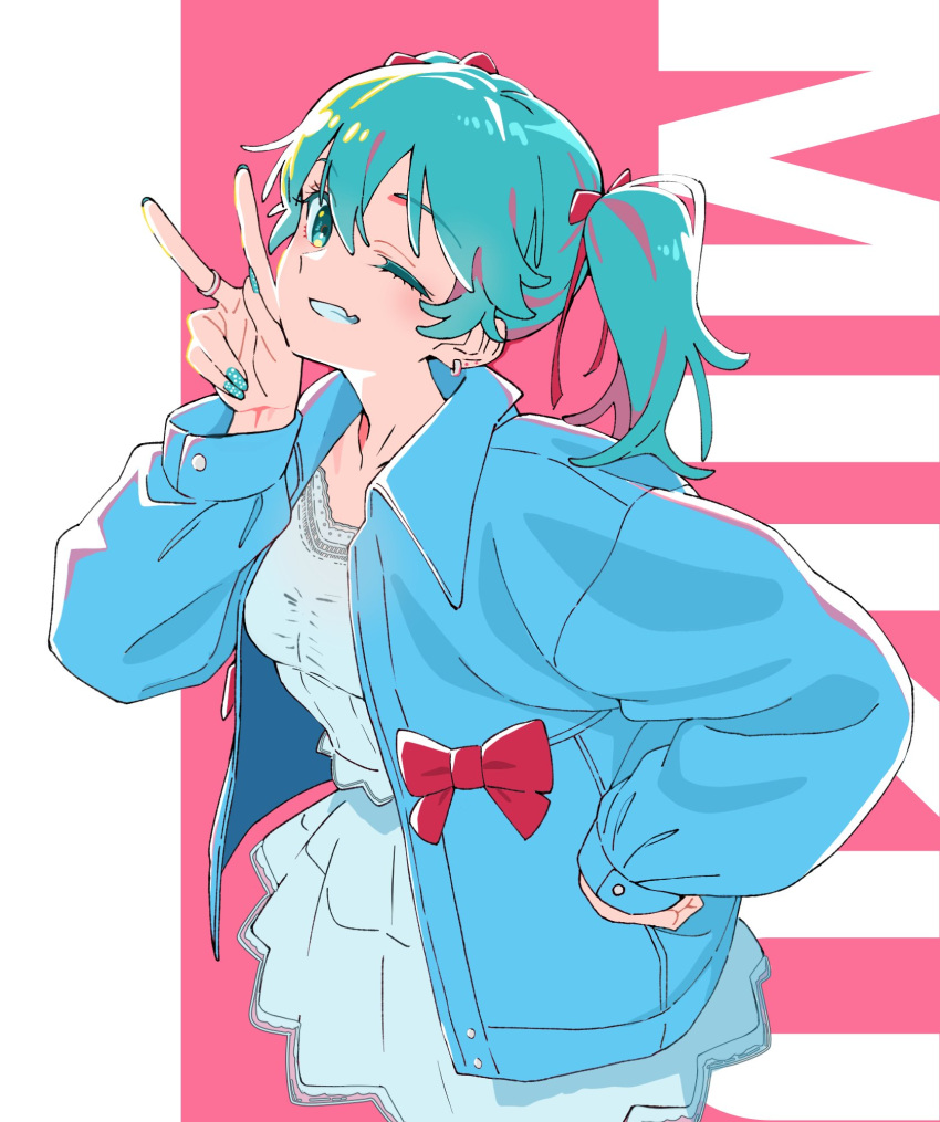 1girl, aqua_eyes, aqua_hair, dress, hatsune_miku, highres, jacket, looking_at_viewer