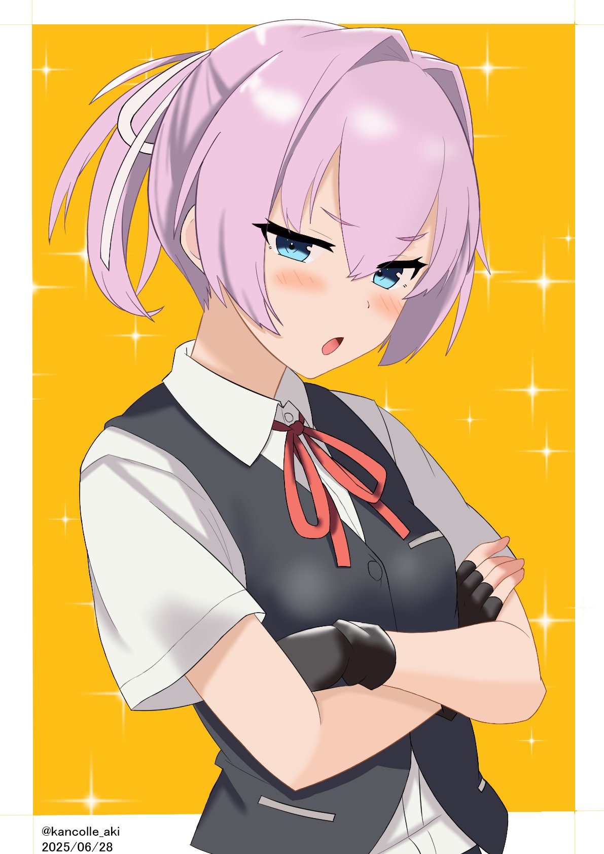 1girl, akkun_teitoku, black_gloves, black_vest, blue_eyes, collared_shirt, crossed_arms, dress_shirt