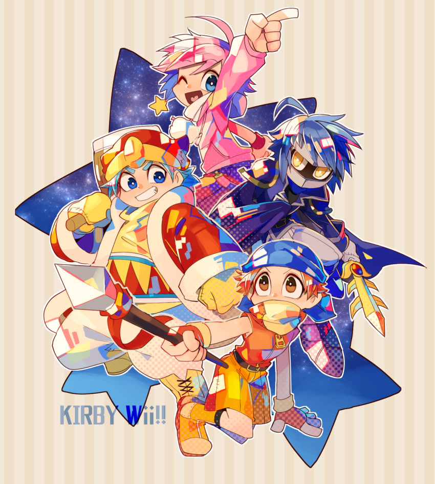 4boys, ;d, ahoge, arm_up, armor, bandana_waddle_dee, belt, black_belt
