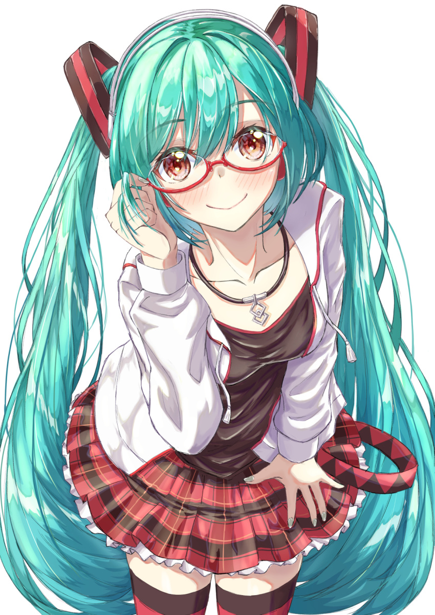 1girl, adjusting_eyewear, aqua_hair, black_shirt, blush, breasts, closed_mouth, collarbone, cowboy_shot, floating_headgear, frilled_skirt, frills, glasses, hatsune_miku, headgear, highres, jacket, leaning_forward, long_hair, long_sleeves, looking_at_viewer, miniskirt, nail_polish, open_clothes, open_jacket, plaid_clothes, plaid_skirt, qussie, red-framed_eyewear, red_eyes, red_skirt, semi-rimless_eyewear, shirt, skirt, small_breasts, smile, solo, standing, striped_clothes, striped_thighhighs, thigh-highs, twintails, under-rim_eyewear, very_long_hair, vocaloid, white_background, white_jacket, zettai_ryouiki