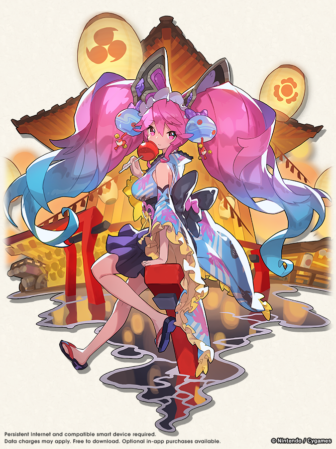 1girl, bare_shoulders, blue_dress, blue_hair, breasts, candy_apple, cleo_(dragalia_lost), cleo_(yukata)_(dragalia_lost)