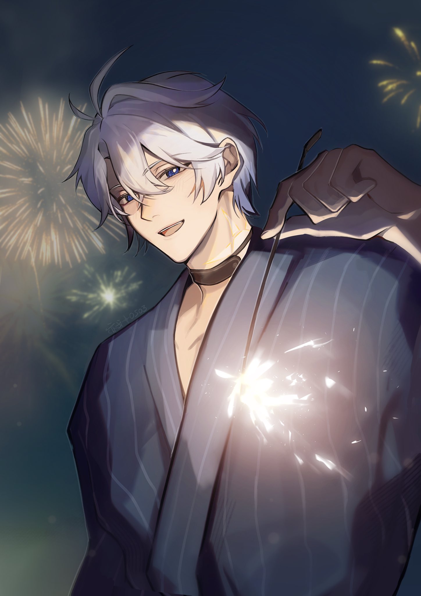 1boy, alternate_costume, antenna_hair, black_choker, blue_eyes, blue_kimono, choker, commentary