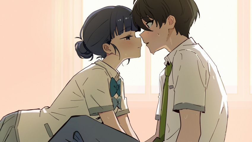 1boy, 1girl, absurdres, basori_tiara, black_hair, blue_bow, blue_bowtie, blue_hair