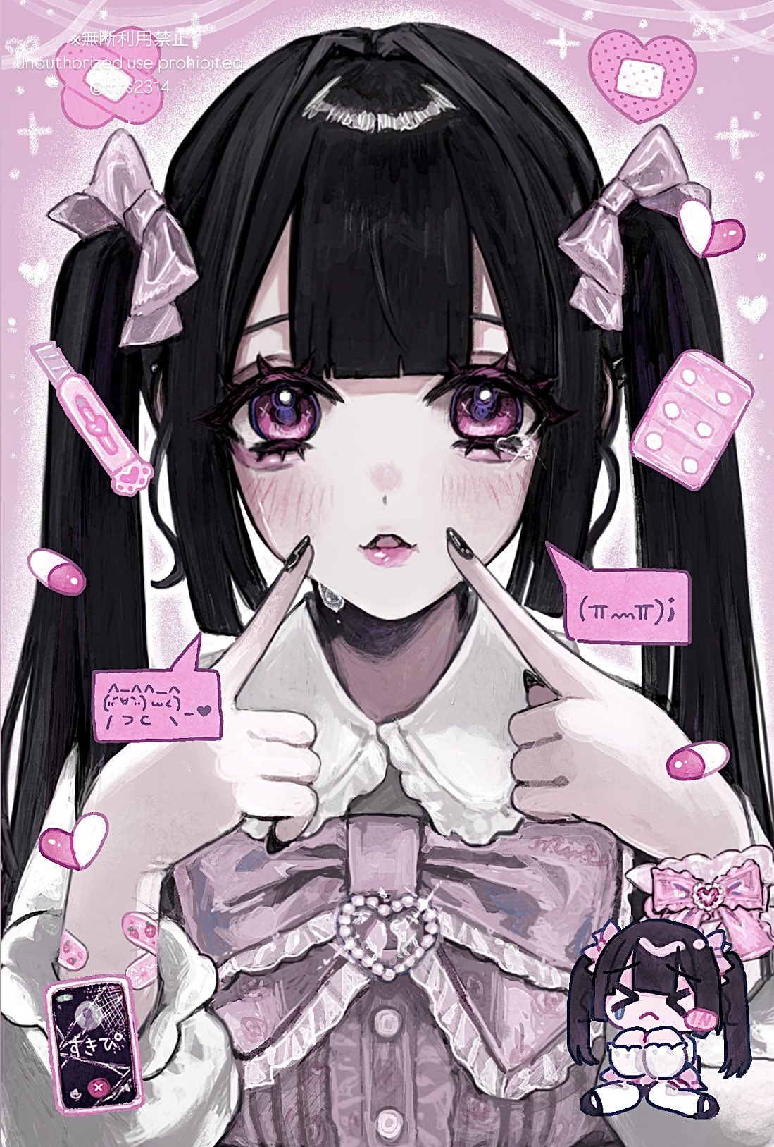 1girl, aegyo_sal, bandaid, bandaid_on_arm, black_hair, black_nails, blush, bow