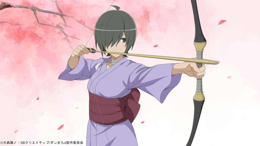 1girl, arrow_(projectile), black_hair, bow_(weapon), dungeon_ni_deai_wo_motomeru_no_wa_machigatteiru_darou_ka, highres, hitachi_chigusa, holding
