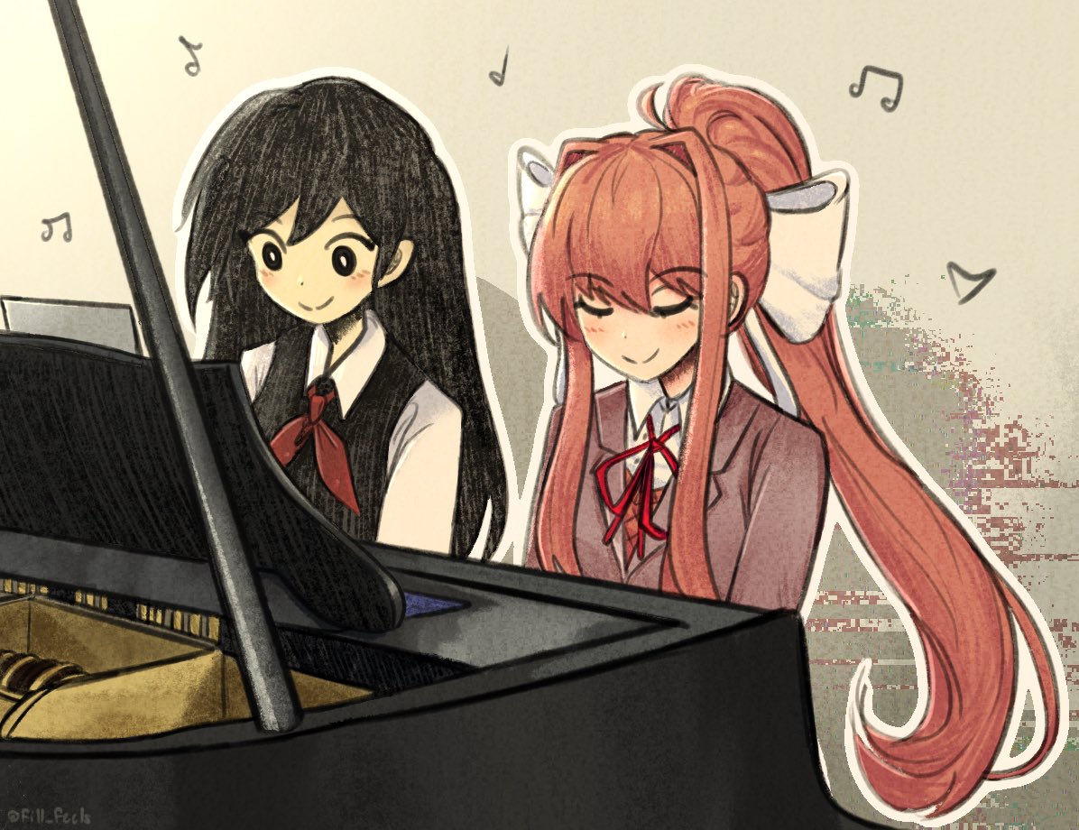 2girls, black_eyes, black_hair, black_vest, blush, bow, closed_eyes, collared_shirt