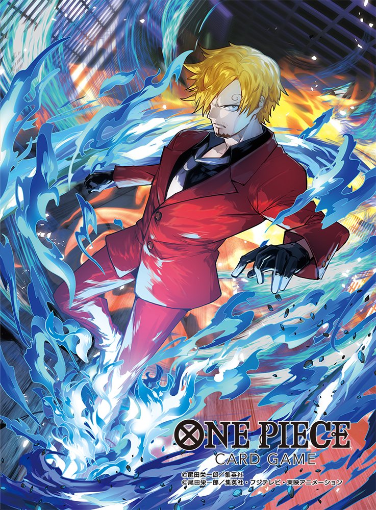 1boy, black_shirt, blonde_hair, blue_fire, commentary_request, copyright_name, curly_eyebrows, facial_hair