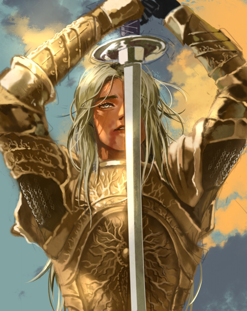 1boy, androgynous, armor, arms_up, breastplate, chainmail, clouds, crucible_knight