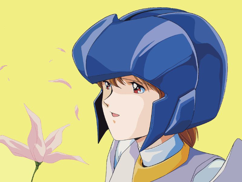 1980s_(style), 1girl, :d, brown_eyes, brown_hair, flower, habara_nobuyoshi, helmet