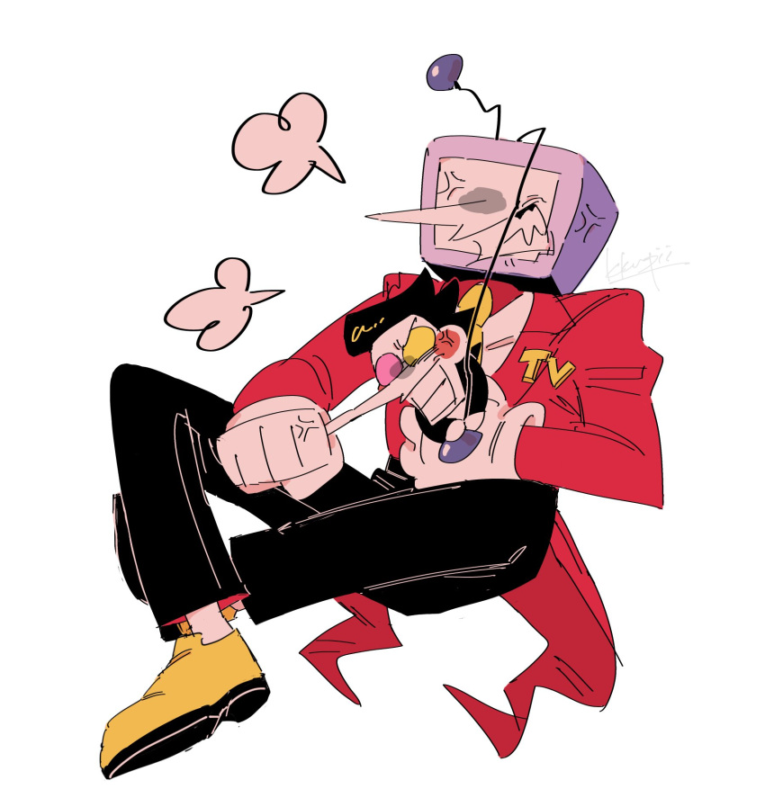 2boys, anger_vein, angry, ant_tenna, black_hair, black_pants, crossed_ankles, crt