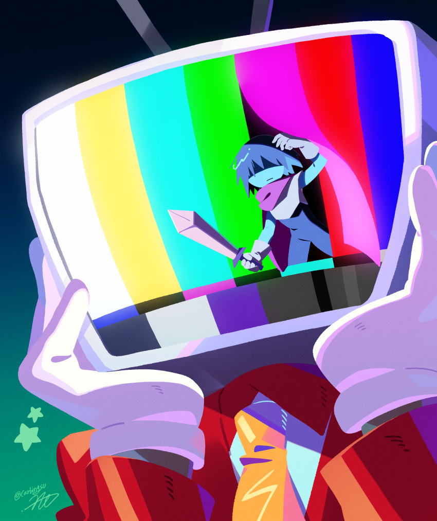 1boy, 1other, ant_tenna, armor, blue_hair, blue_skin, bodysuit, cape, carbingsu, colored_skin, crt, deltarune, gloves, hands_on_own_face, highres, holding, holding_sword, holding_weapon, jacket, korean_commentary, kris_(dark_world)_(deltarune), kris_(deltarune), necktie, object_head, partially_shaded_face, red_jacket, signature, star_(symbol), sword, twitter_username, weapon, white_gloves, yellow_necktie