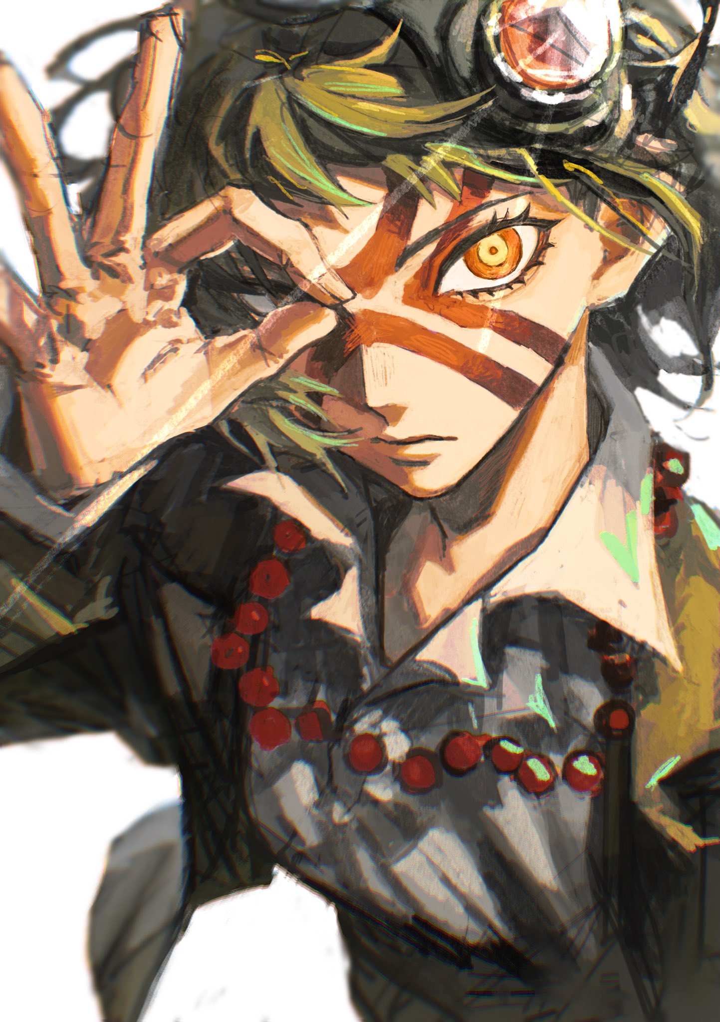 1girl, arm_up, bead_necklace, beads, blazer, donut_hole_(vocaloid), dress_shirt, facepaint, goggles, green_hair, gumi, highres, jacket, jewelry, looking_at_viewer, mihiro_00122, necklace, ok_sign, one_eye_covered, open_clothes, open_jacket, orange_eyes, red_facepaint, shirt, short_hair, simple_background, solo, upper_body, white_background
