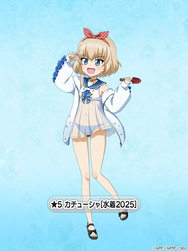 1girl, ascot, ass_visible_through_thighs, bikini, black_sandals, blonde_hair, blue_ascot, blue_background