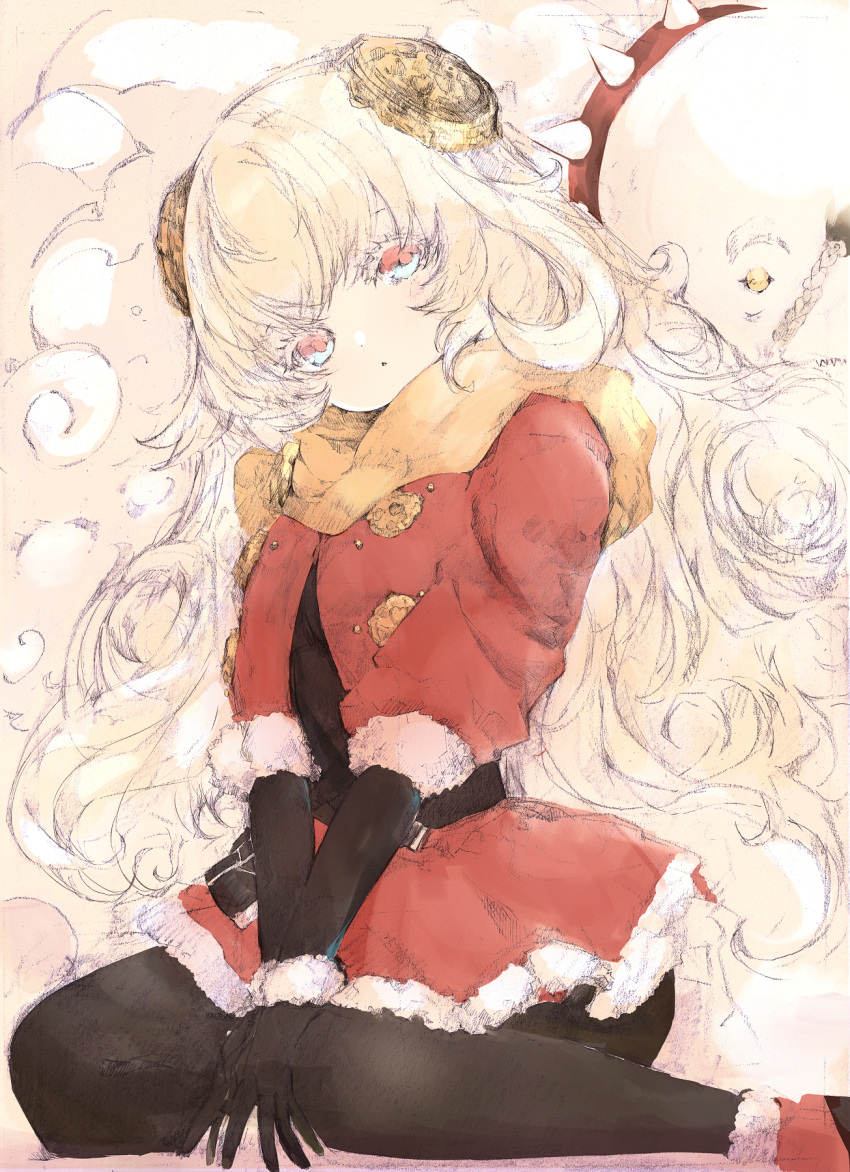 1girl, black_pantyhose, curly_hair, dress, expressionless, highres, long_hair, looking_at_viewer