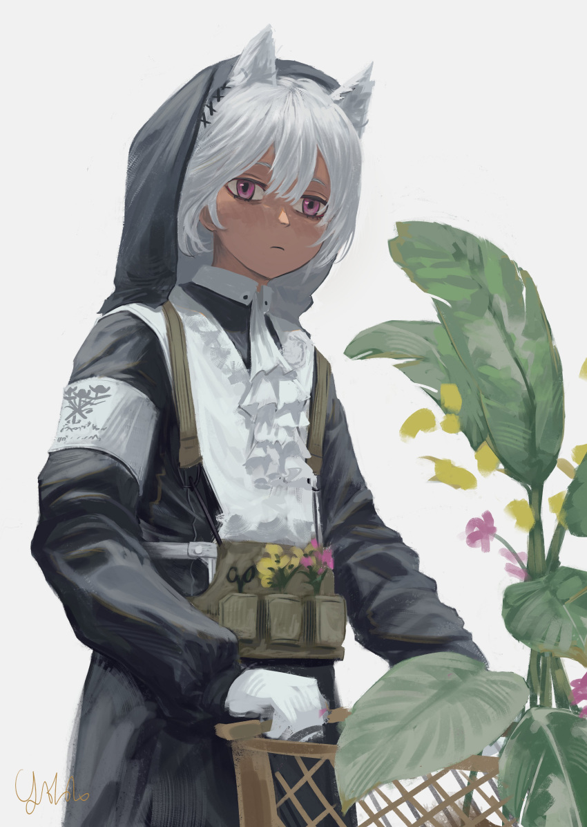 1girl, absurdres, animal_ear_fluff, animal_ears, apron, arknights, armband, ascot, black_dress, black_hood, camel_ears, collared_dress, commentary, dark-skinned_female, dark_skin, dress, english_commentary, expressionless, gloves, hair_between_eyes, highres, leaf, load_bearing_vest, long_sleeves, looking_at_viewer, official_alternate_costume, pink_eyes, plant, short_hair, sidelocks, signature, solo, tuye_(arknights), tuye_(cultivate_vegetation)_(arknights), ujin_holo, upper_body, white_apron, white_armband, white_ascot, white_background, white_gloves, white_hair