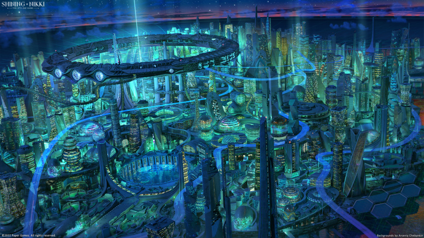 3d, arsenixc, building, city_lights, cityscape, clouds, commentary_request, copyright_name, copyright_notice, english_commentary, glass_dome, highres, horizon, mixed-language_commentary, night, night_sky, nikki_(series), no_humans, scenery, science_fiction, shining_nikki, sky, skyscraper, star_(sky), starry_sky