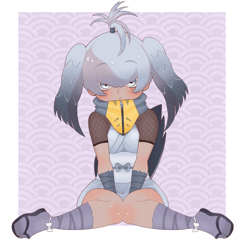 1girl, :<, ankle_bow, arm_wrap, between_legs, bird_girl, bird_tail, bird_wings