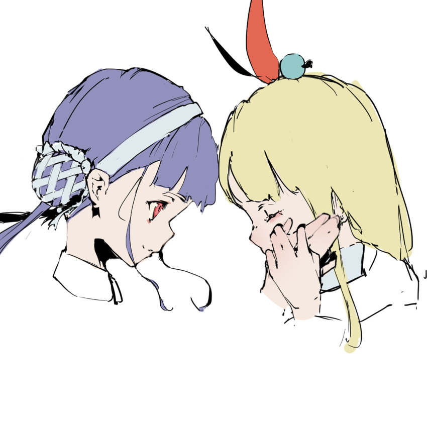 2girls, absurdres, blonde_hair, blue_hair, double_bun, guratanchikin, hair_bun, hair_ornament
