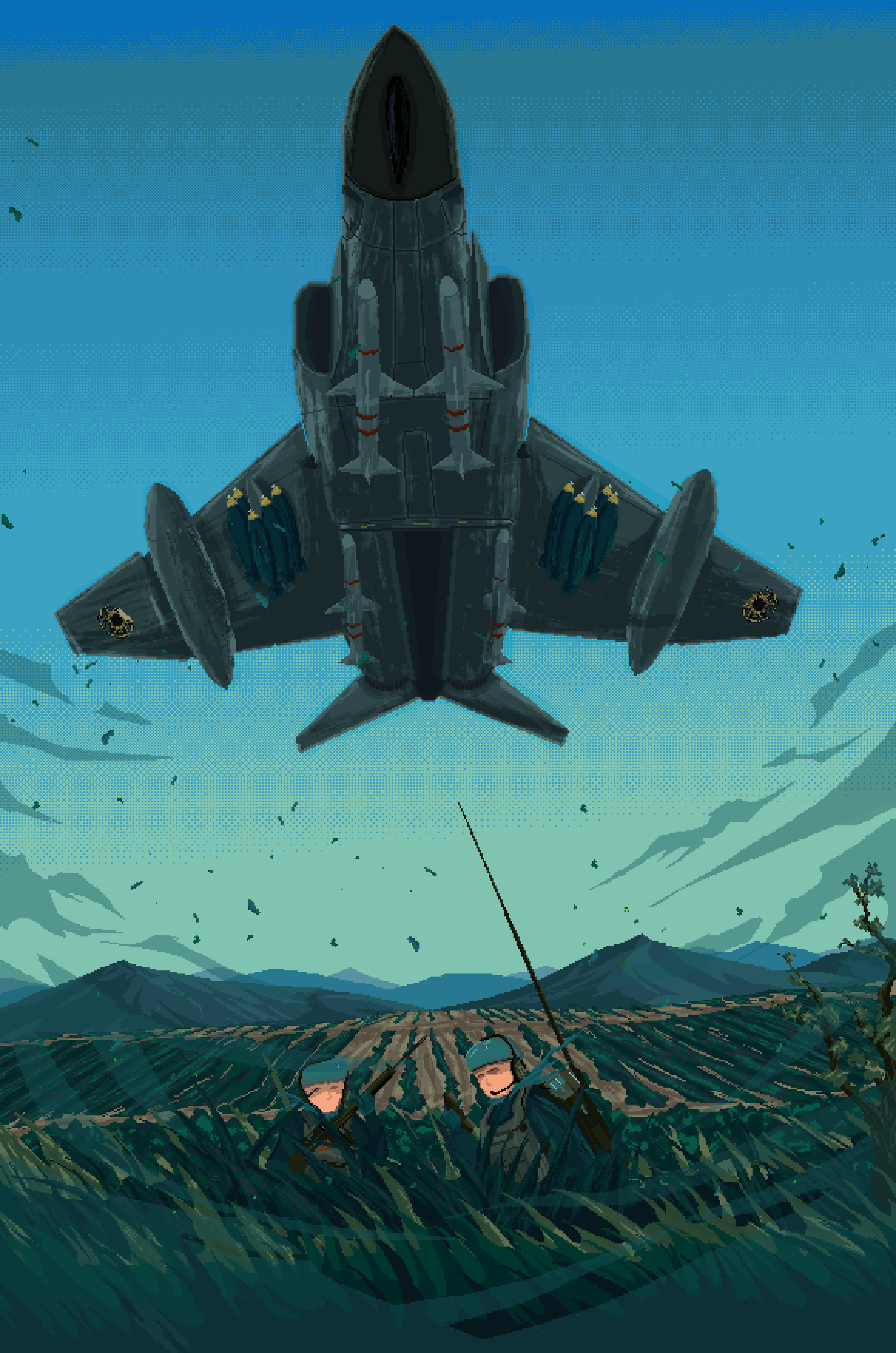 2boys, absurdres, aircraft, airplane, beret, blue_sky, bomb, bulletproof_vest, colt_canada_c7, commentary, english_commentary, explosive, f-4_phantom_ii, fighter_jet, from_below, gradient_sky, grass, green_sky, gun, hat, highres, holding, holding_gun, holding_weapon, low-altitude_flight, mikecraftz, military, military_combat_uniform, military_uniform, military_vehicle, missile, mountainous_horizon, multiple_boys, outdoors, pixel_art, project_wingman, radio, radio_backpack, rifle, sky, weapon