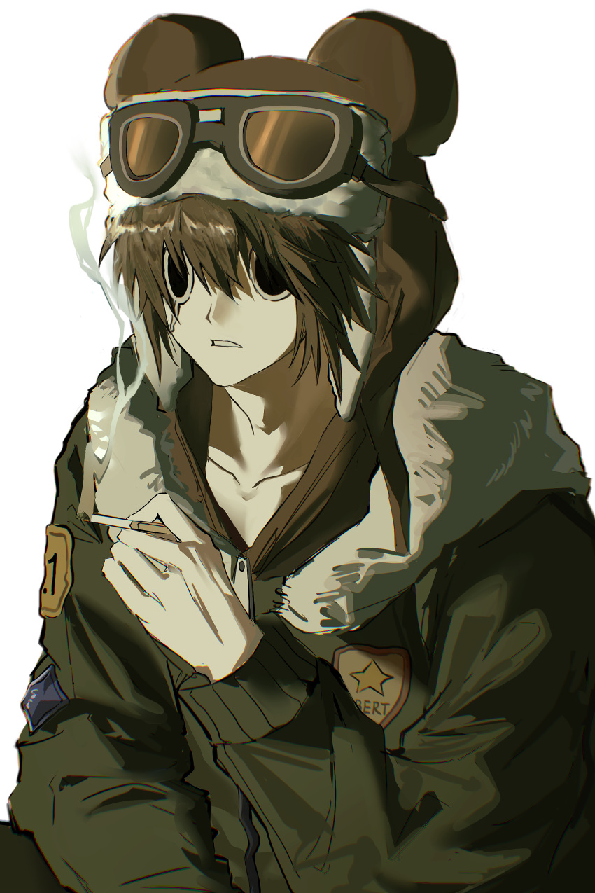 1boy, absurdres, animal_hat, aviator_cap, aviator_goggles, black_eyes, brown_hair, buzhidaoshenmexiangchangmao