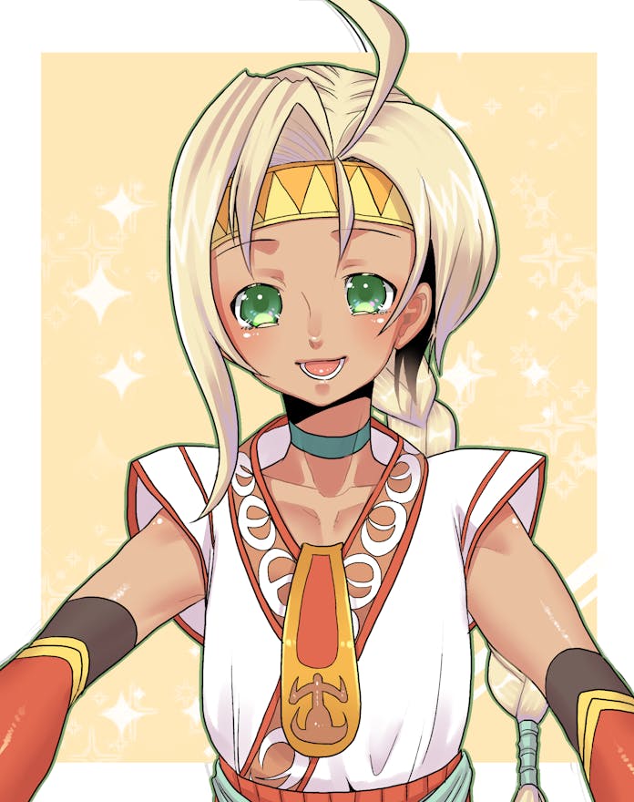 1boy, ahoge, androgynous, black_choker, blonde_hair, blue_eyes, braid, choker