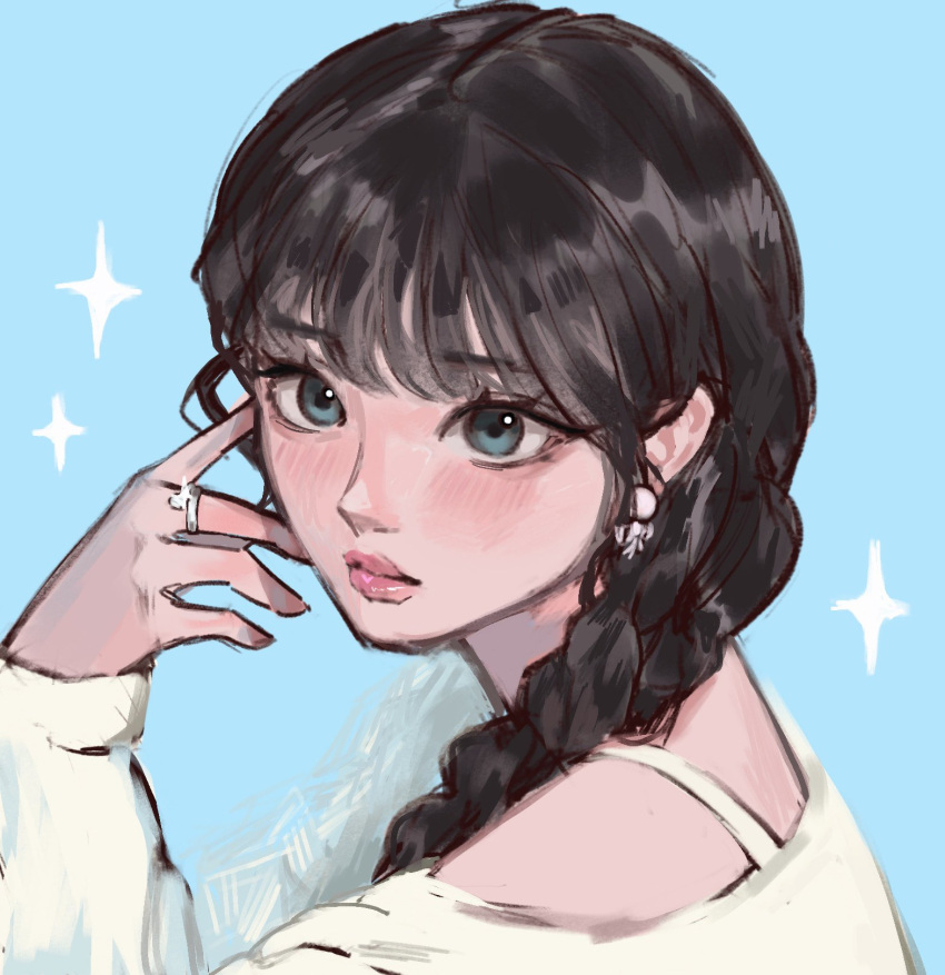 1girl, black_hair, blue_background, blue_eyes, blunt_bangs, blush, braid, braided_ponytail