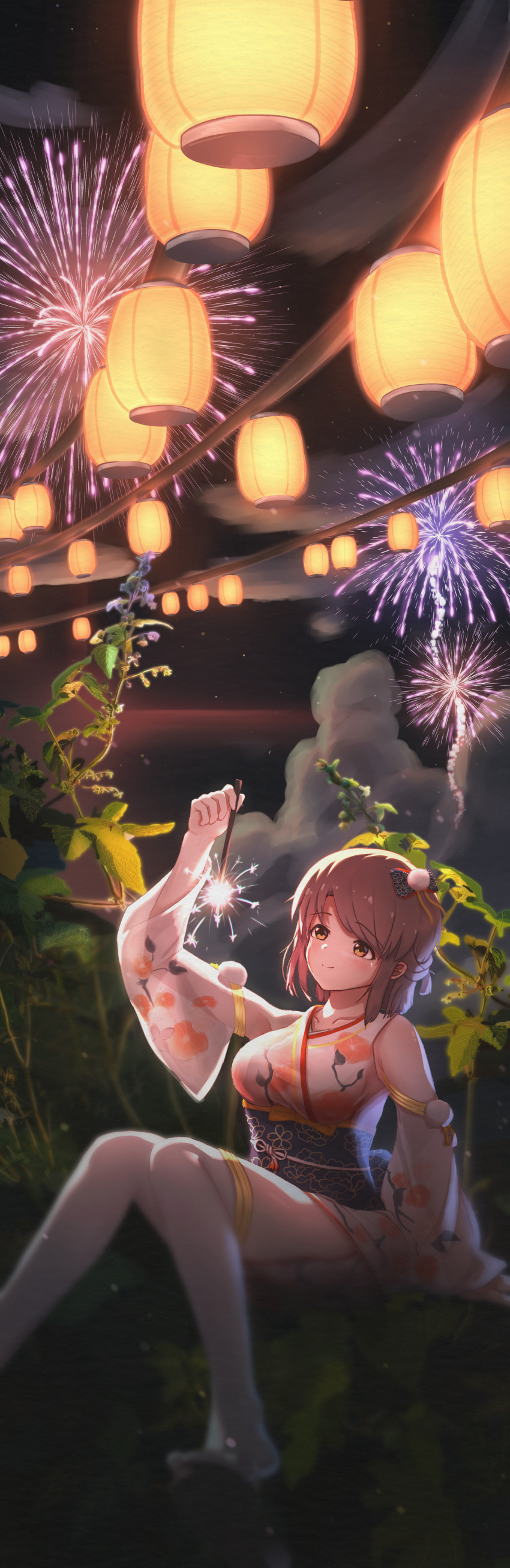1girl, absurdres, arm_up, blush, bow, breasts, brown_eyes, brown_hair