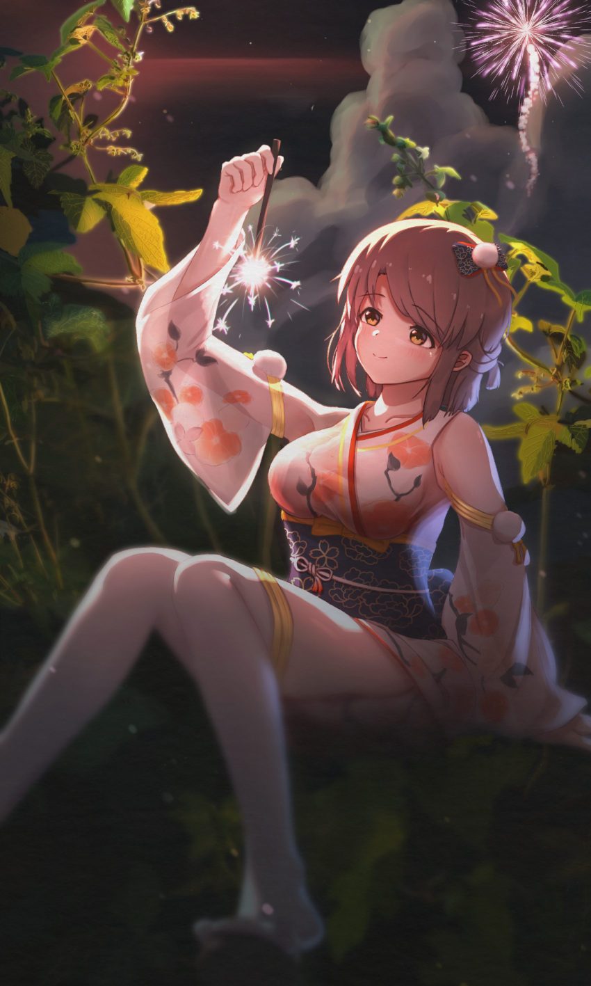 1girl, arm_up, blush, bow, breasts, brown_eyes, brown_hair, classroom