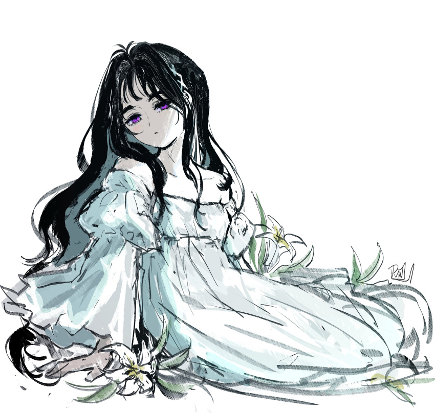 1girl, absurdres, alien_stage, black_hair, commentary, dress, english_commentary, head_tilt, highres, long_dress, long_hair, long_sleeves, matryoshka-ruth, off-shoulder_dress, off_shoulder, official_alternate_costume, official_alternate_hair_length, official_alternate_hairstyle, sitting, solo, sua_(alien_stage), very_long_hair, violet_eyes