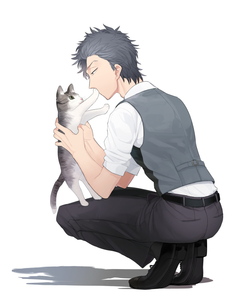 1boy, animal, belt, black_pants, black_shoes, cat, eye_contact, fragile:_pathologist_kishi, grey_hair, grey_vest, highres, holding, holding_animal, holding_cat, kishi_keiichirou, looking_at_another, pants, rotten_tofu, shadow, shirt, shoes, simple_background, solo, vest, white_background, white_shirt