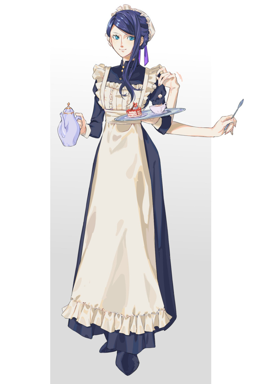 1girl, apron, blue_eyes, dress, extra_arms, eyelashes, full_body, gradient_background
