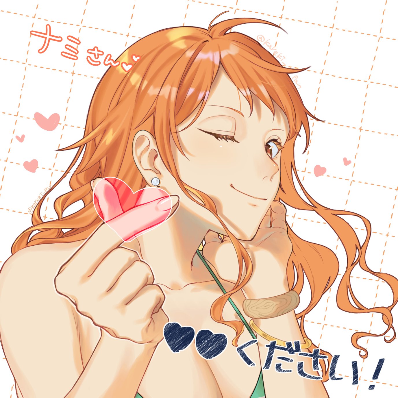1girl, bikini, bracelet, earrings, eyelashes, gunjo_shizuko, heart, heart_hands