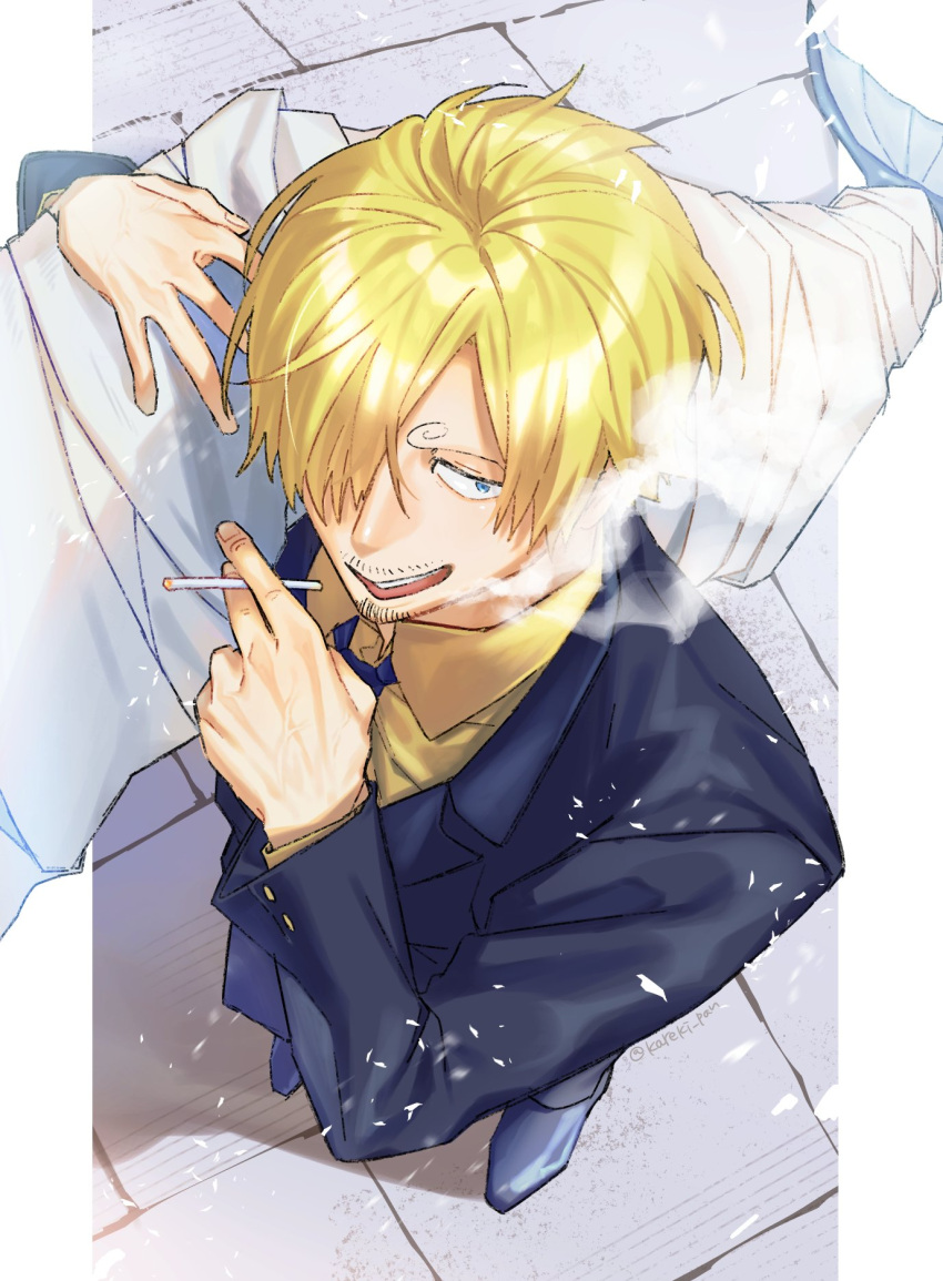 1boy, animal, black_shirt, blonde_hair, cigarette, collared_shirt, commentary_request, curly_eyebrows
