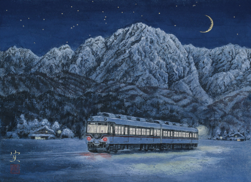 absurdres, building, crescent_moon, highres, house, moon, mountain, night
