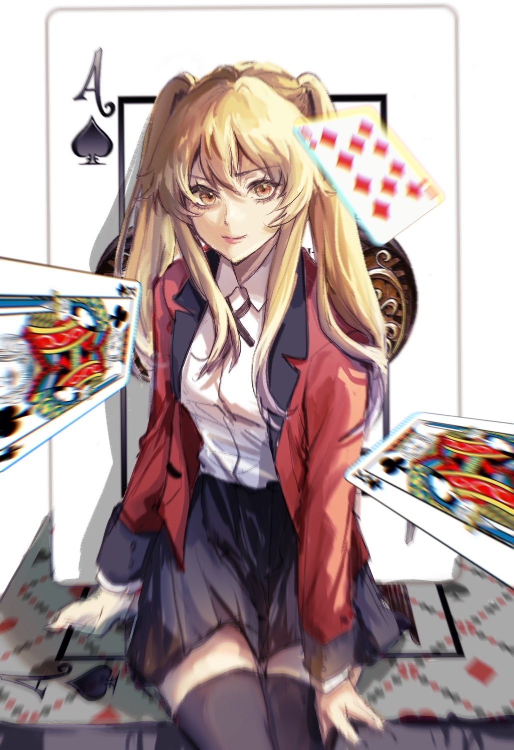 1girl, ace_(playing_card), ace_of_spades, black_cross_tie, black_skirt, black_thighhighs, blazer, blonde_hair