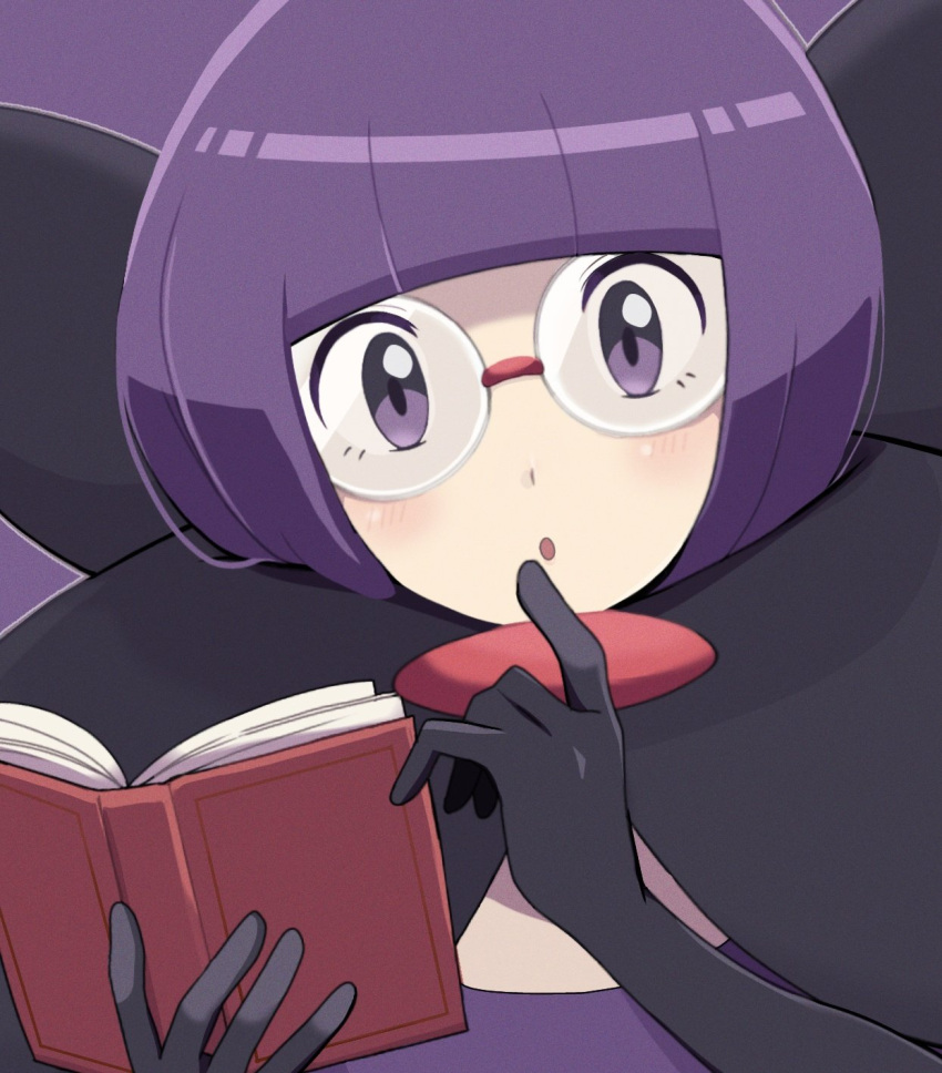 1girl, :o, black_gloves, black_scarf, blunt_bangs, book, glasses, gloves