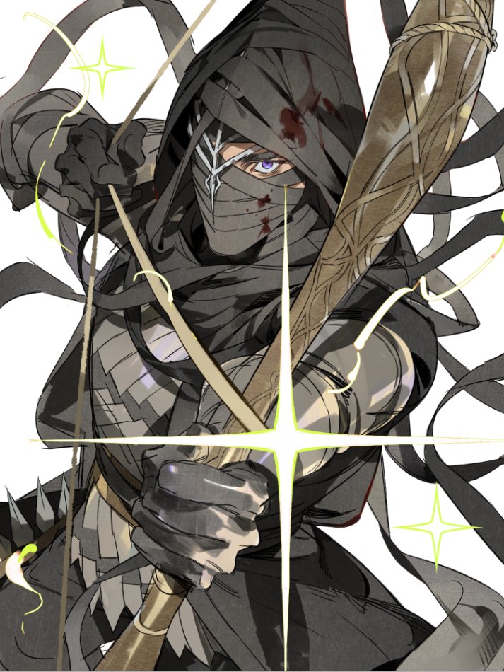 1boy, aiming, alternate_costume, arms_up, arrow_(projectile), attack, bandage_over_one_eye, bandages
