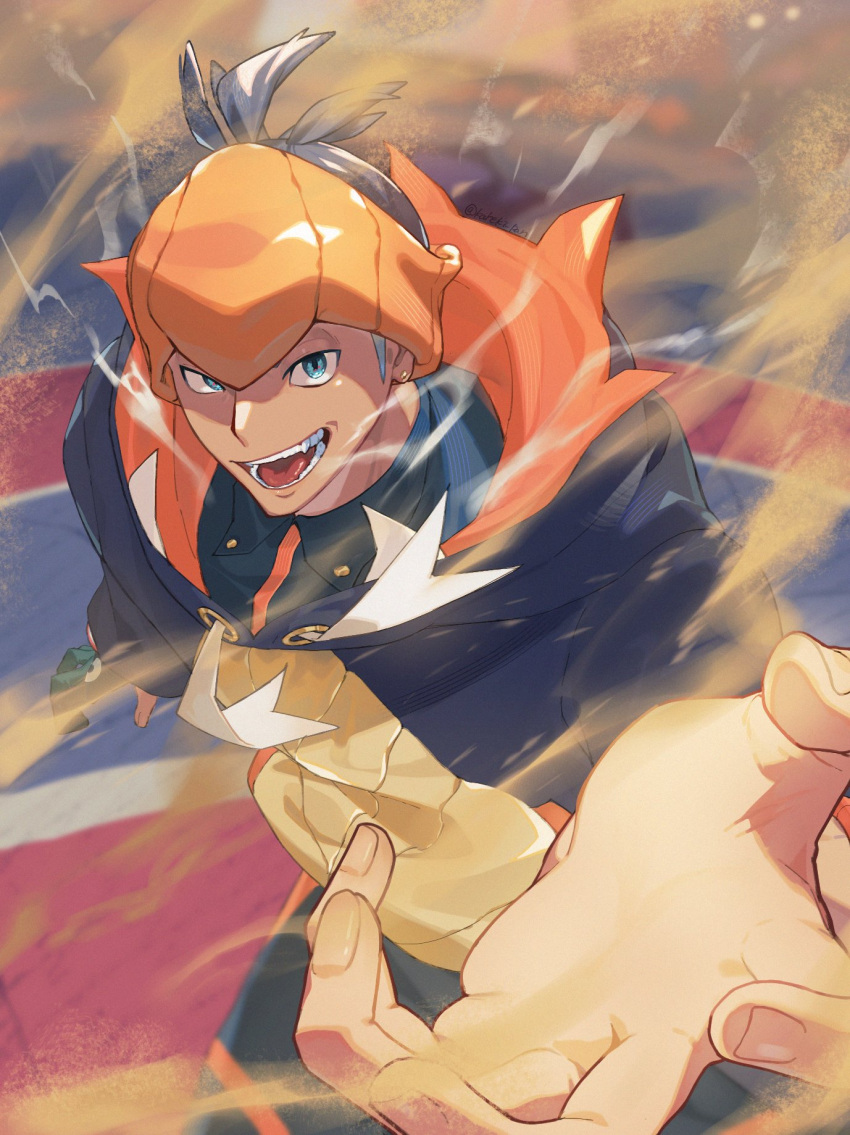 1boy, black_hoodie, blue_eyes, collared_shirt, earrings, gloves, gunjo_shizuko, headband, highres, hood, hood_down, hoodie, jewelry, looking_at_viewer, male_focus, open_mouth, orange_headband, partially_fingerless_gloves, pokemon, pokemon_swsh, raihan_(pokemon), sand, shirt, short_hair, single_glove, solo, teeth, tongue, twitter_username