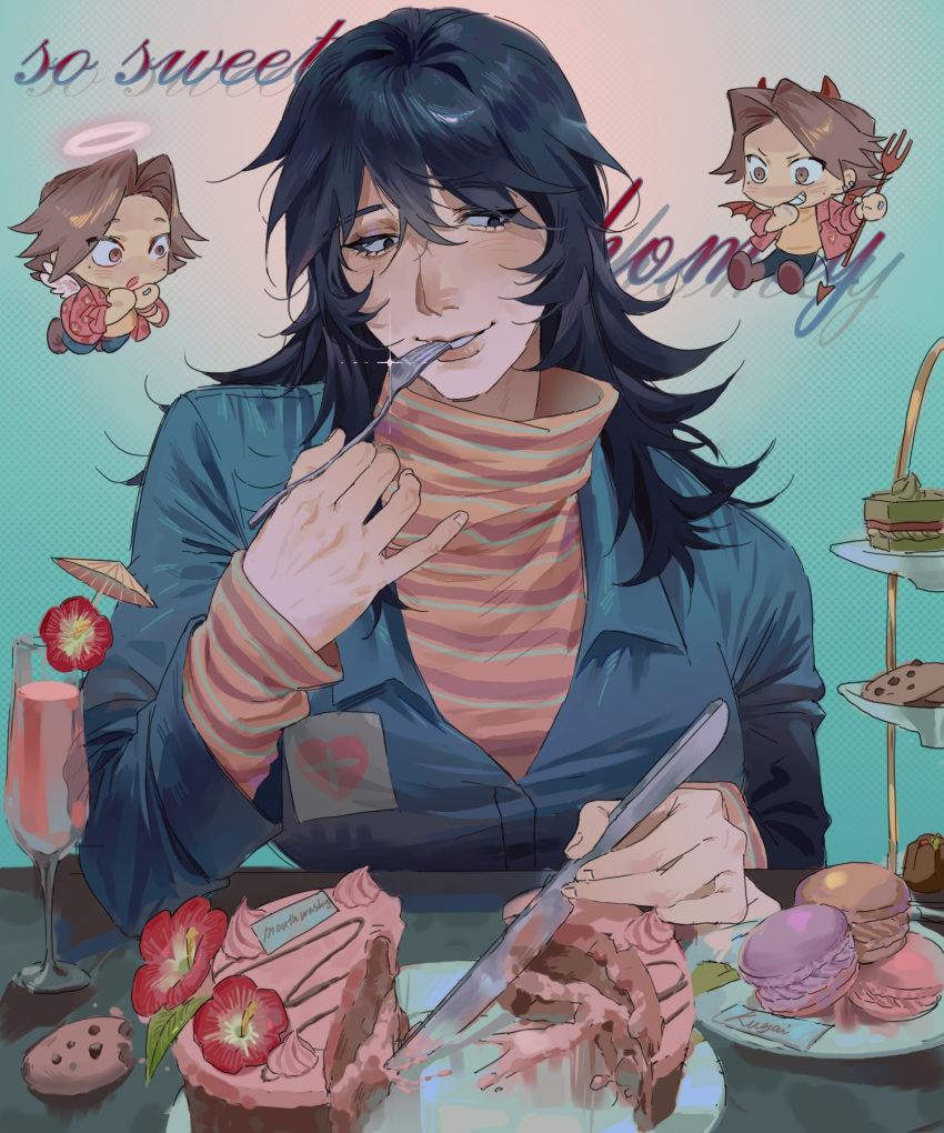 1girl, 2boys, angel_wings, anya_(mouthwashing), black_eyes, black_hair, blue_background, blue_jacket